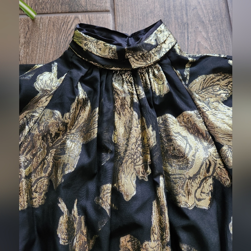 NWT Alex Marie Black Gold Rose Floral Print Black Ruffle Midi Puff Sleeve Dress - Picture 6 of 14